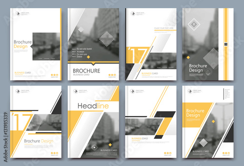 Abstract binder layout. White a4 brochure cover design. Fancy info text frame. Creative ad flyer font. Title sheet model set. Modern vector front page. Elegant city banner. Yellow figures icon fiber