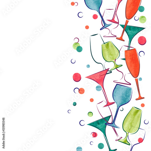 Cocktail party invitation or wine card design. Vector border with colorful  watercolor cocktail glasses.