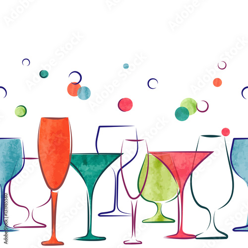 Cocktail party invitation or wine menu design. Vector border with colorful  watercolor cocktail glasses.