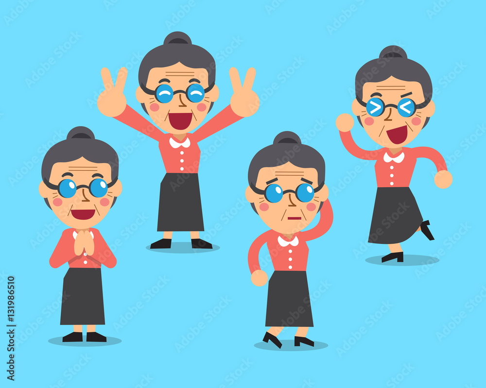 Cartoon senior woman character poses Cartoon senior woman character poses