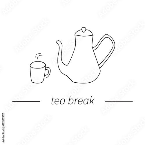 Set of hand drawn breakfast dishes for coffee and tea with the text tea break in line art style outlined in black with white background