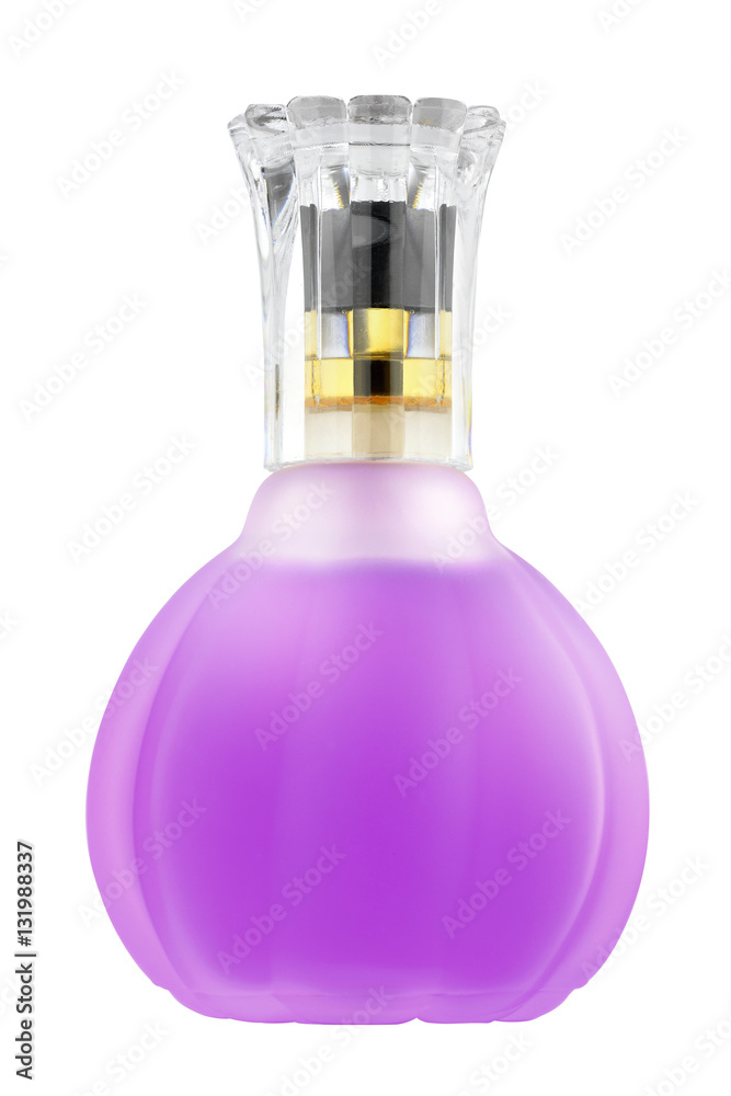 Woman sophisticated perfume mauve glass bottle with transparent lid, luxury product isolated on white background, clipping path included Woman sophisticated perfume mauve glass bottle with transparent lid, luxury product isolated on white background, clipping path included