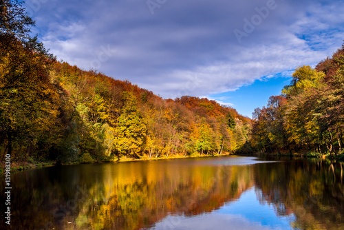 Colorful lake landscape, reflection in water, late autumn in Bratislava