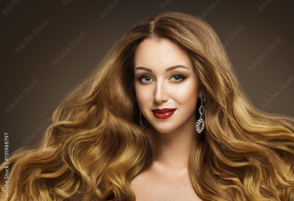Fototapeta premium Woman Hair, Fashion Model Hairstyle, Long Waving Hair Style, Girl Beauty Face