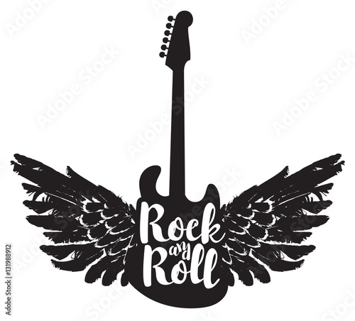 logo with the electric guitar and the words rock and roll with wings