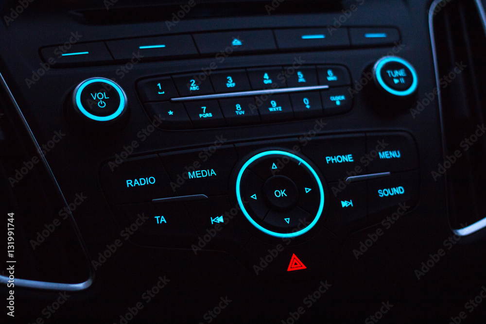 Dashboard with audio equipment in cabin of the modern new car