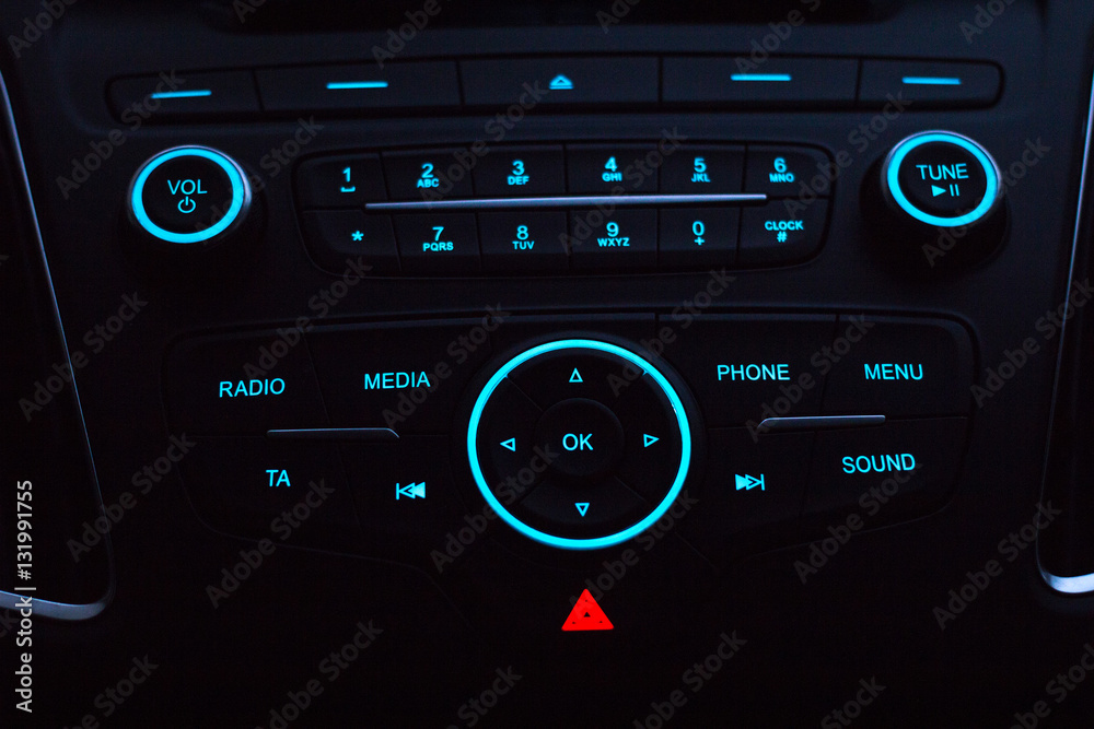 Fototapeta premium Dashboard with audio equipment in cabin of the modern new car
