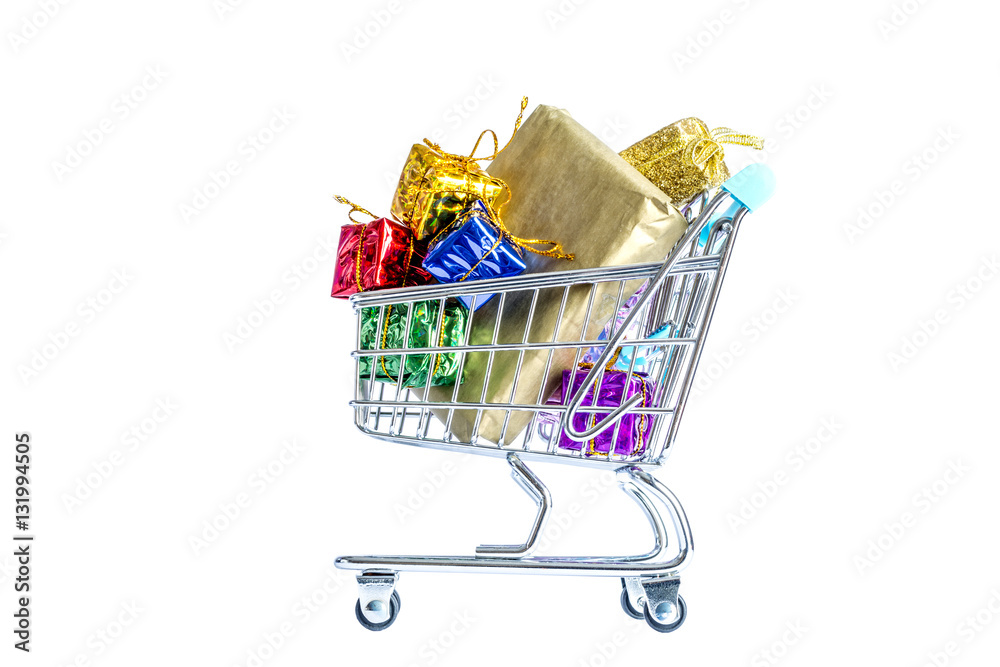 Shopping carts, trolley with boxes of colorful gifts isolated on white background