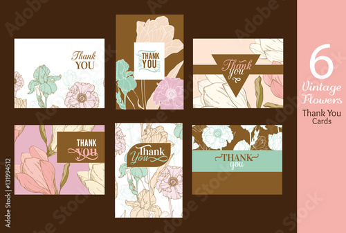 Six Unique Vector Vintage Floral Wedding Thank You Cards Set with text, repeat pattern backgrounds perfect for any event.