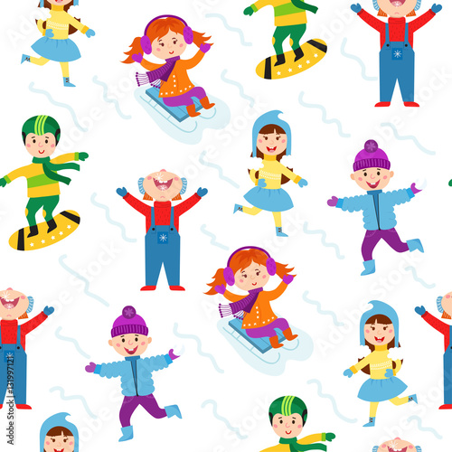 Winter kids seamless pattern vector illustration.