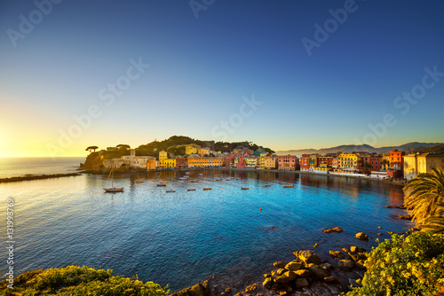 Sestri Levante, silence bay sea and beach on sunset. Italy