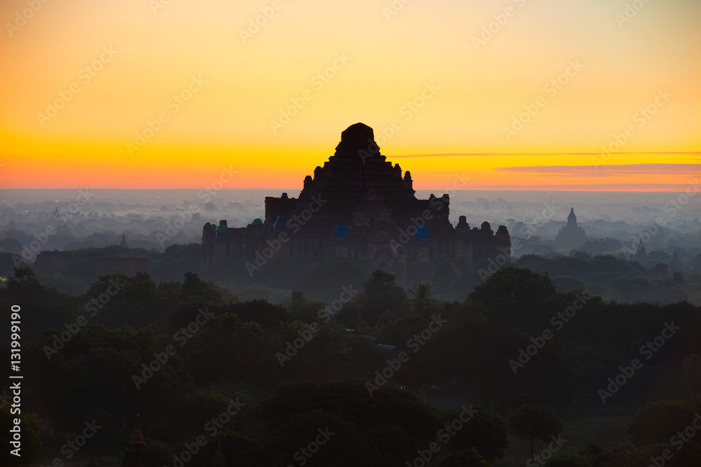 Beautiful scenery during sunrise sunset at the pagoda of Bagan, Myanmar