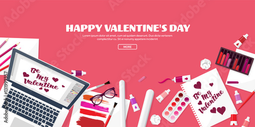 Valentines Day. Workplace with table. Design Equipment. Drawing on paper. Handmade love card. Typewriting. Greeting. February 14.