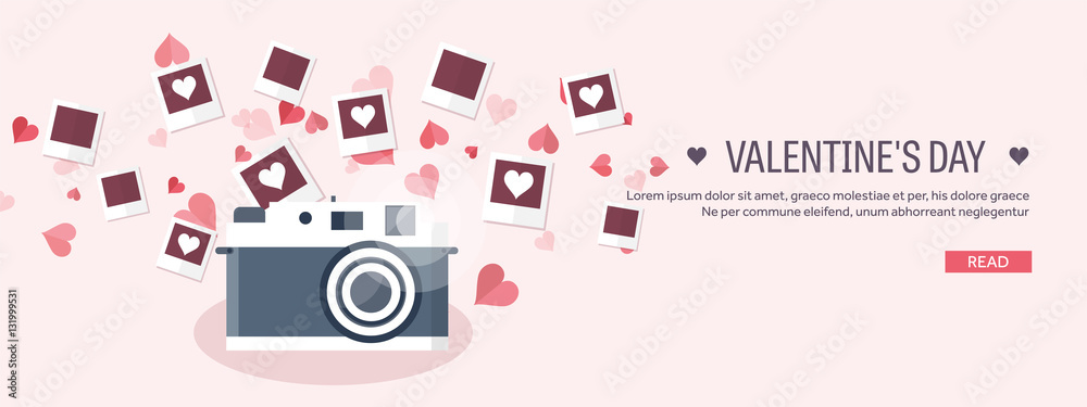 Obraz premium Vector illustration. Flat background with photos. Love, hearts. Valentines day. Be my valentine. 14 february.