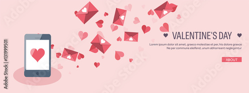 Vector illustration. Flat background with smartphone. Love, hearts. Valentines day. Be my valentine. 14 february.