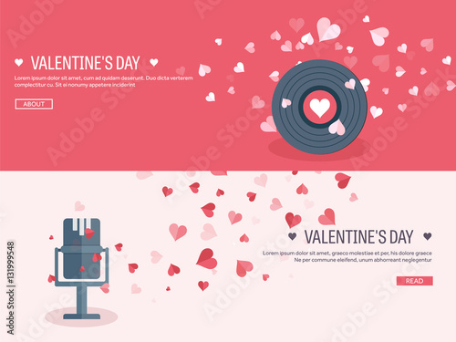 Vector illustration. Flat musical background with microphone and vinyl. Love  hearts. Valentines day. Be my valentine. 14 february.