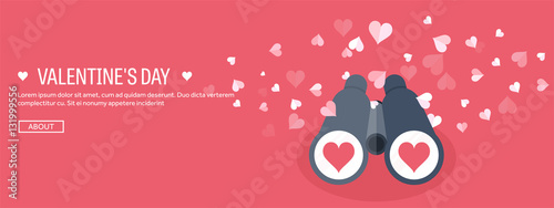 Vector illustration. Flat background with binoculars. Love, hearts. Valentines day. Be my valentine. 14 february.