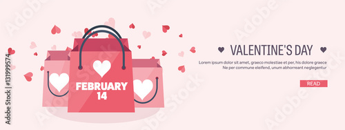 Vector illustration. Flat background with shopping bags. Love, hearts. Valentines day. Be my valentine. 14 february.