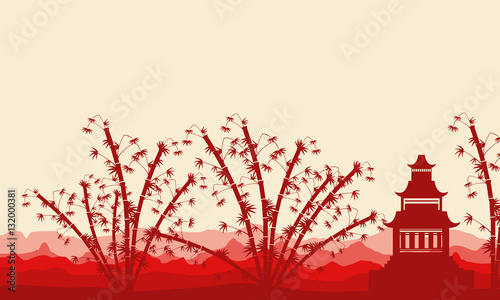 Bamboo tree and pavilion silhouette of landscape