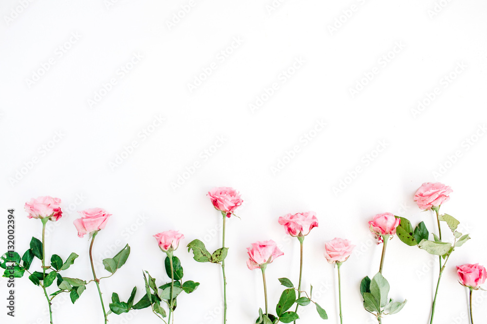 Pink roses on white background. Flat lay, top view. Valentine's background