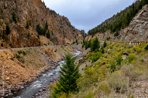 US Highway 40, Union Pacific's railroad (Moffat route) and upper Colorado river flowing in Byers Canyon between Hot Sulphur Springs and Kremmling
Grand County, Colorado, USA