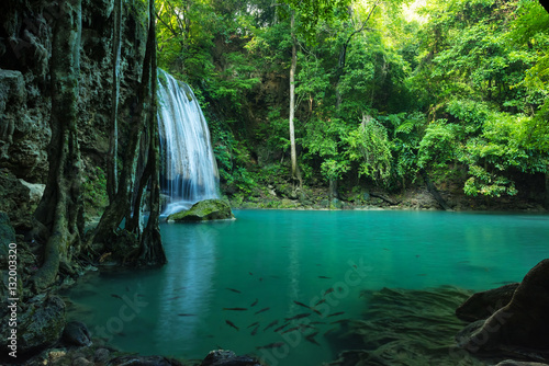 Breathtaking Green waterfall in deep forest  Erawan waterfall located Kanchanaburi Province   Thailand