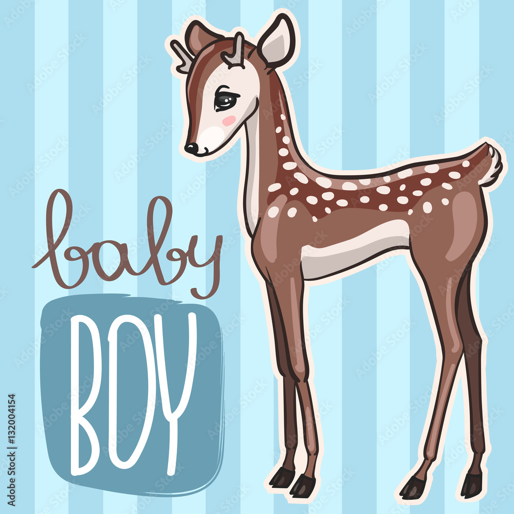 Obraz premium Little baby deer vector illutration. Birthday newborn baby shower card with cute fawn boy