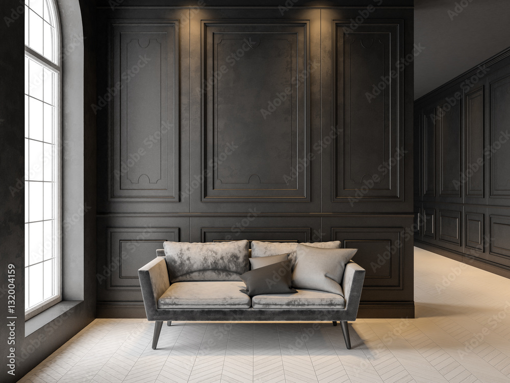 Sofa in classic black interior. 3D render mock up. - obrazy, fototapety, plakaty 