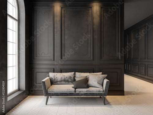 Fototapeta Sofa in classic black interior. 3D render mock up.