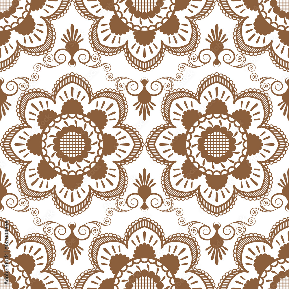 Seamless pattern with brown and white mehndi lace of flower buta decoration items on white background. Seamless pattern with brown and white mehndi lace of flower buta decoration items on white background.