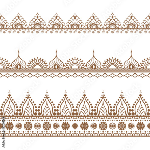 Border brown line lace mehndi elements in Indian style for card and tattoo isolated