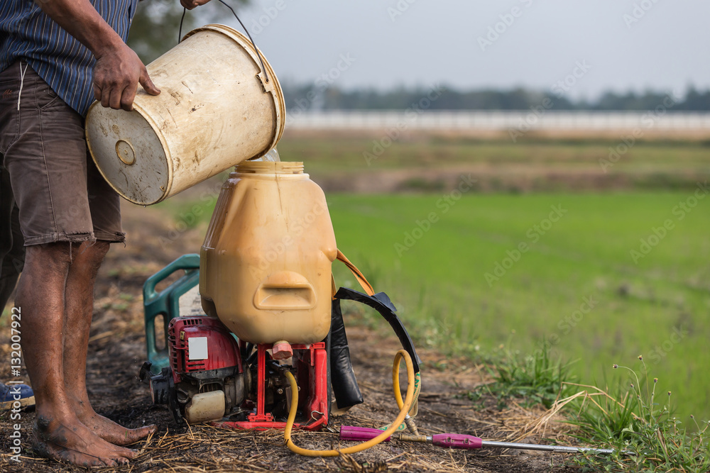 Farmer prepare chemical to sprayer tank before spray to green yo Farmer prepare chemical to sprayer tank before spray to green yo