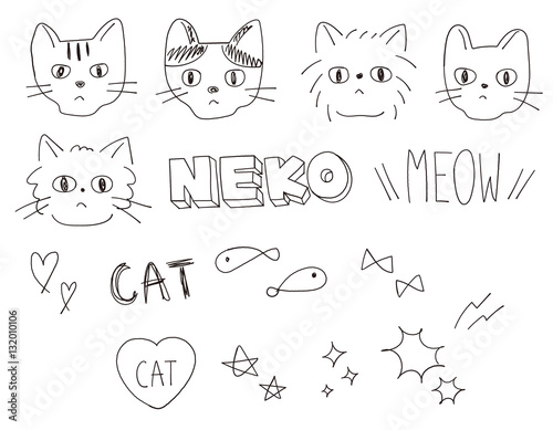 アナログ手書き・落書き風　猫のイラストカット　セット素材　白背景・ベクター