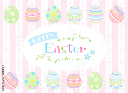 カラフルなイースターエッグと花のガーリーでかわいいHappy Easterのロゴ　横長