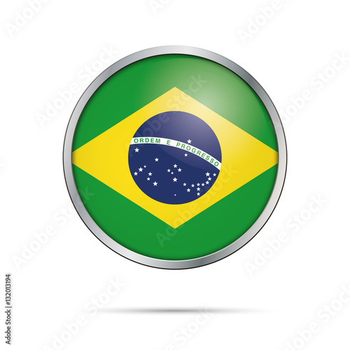 Vector Brazilian flag Button. Brazil flag in glass button style with metal frame.