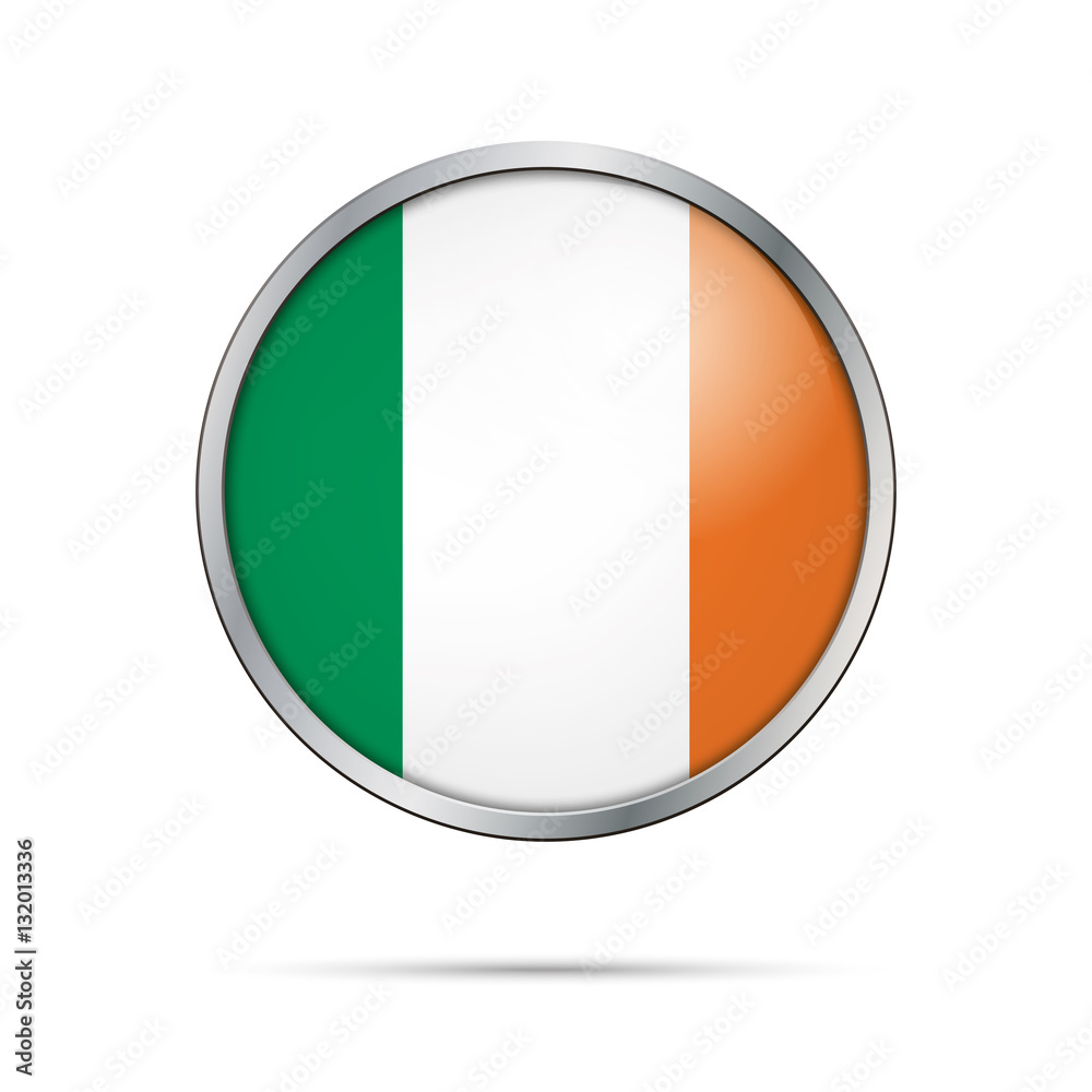 Vector Irish flag Button. Ireland flag in glass button style with metal frame.