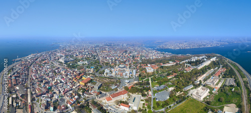 Aerial view of Blue Mosque and Hagia Sophia in Istanbul