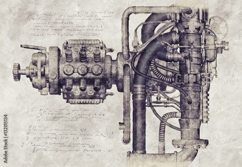 Sketch of an old machine, 3D Illustration