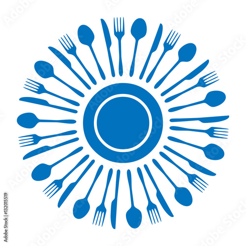 Icono plano cubiertos alrededor del plato azules sobre fondo blanco