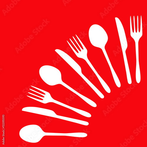 Icono plano cubiertos en arco blancos sobre fondo rojo