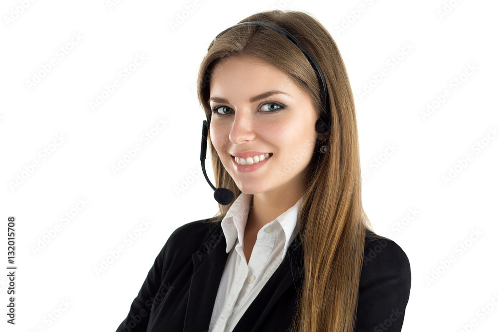 Portrait of young beautiful smiling call center worker Portrait of young beautiful smiling call center worker