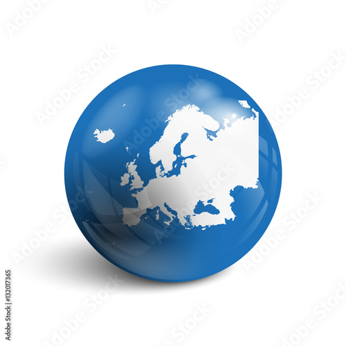 Realistic ball with map of Europe. Sphere with a reflection of the incident light with shadow.