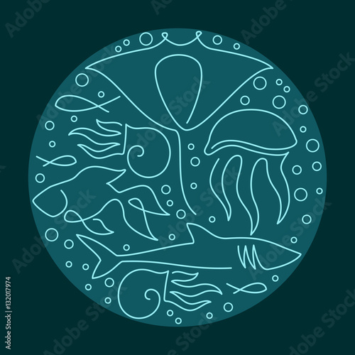 Round composition made of sea fauna linear drawings