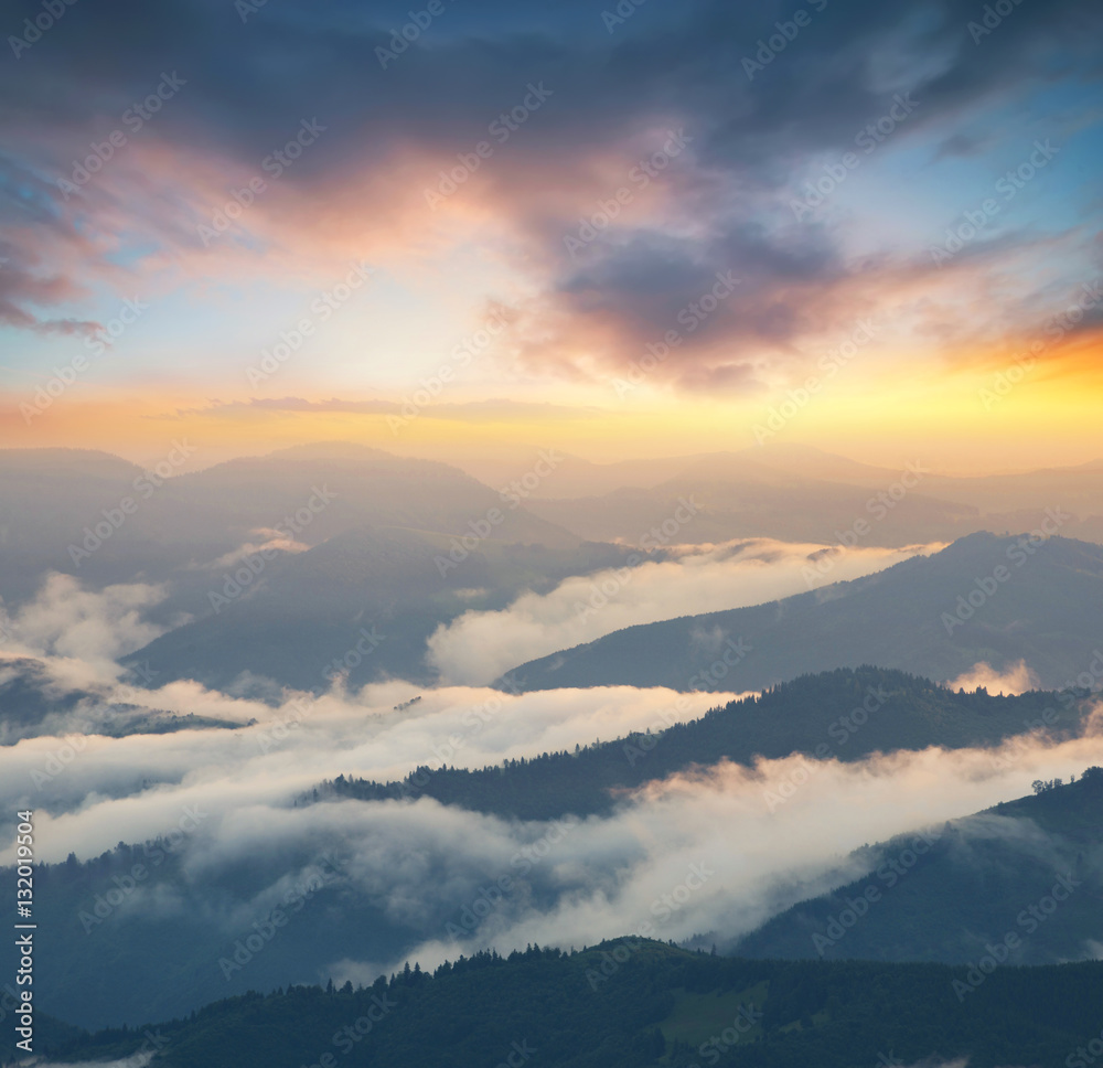 Mountain valley during sunrise. Natural summer landscape Mountain valley during sunrise. Natural summer landscape