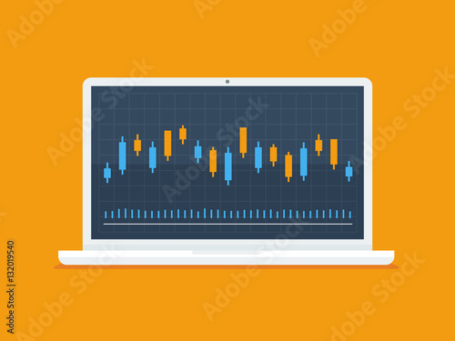 Laptop computer with forex trader candlestick graph vector illustration in flat style.