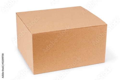 Closed cardboard box taped up and isolated on a white background
