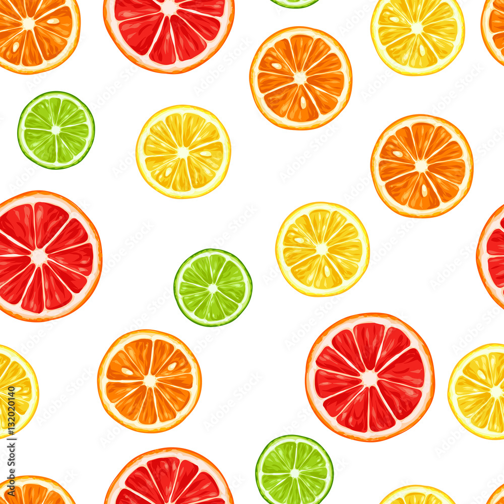 Naklejka Seamless pattern with citrus fruits slices. Mix of lemon lime grapefruit and orange