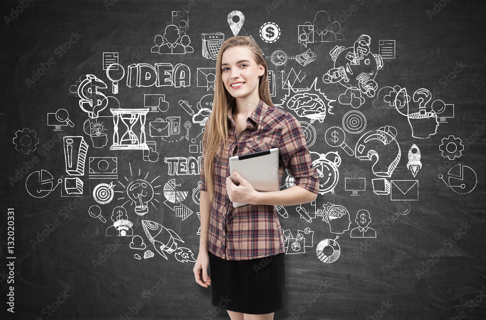 Girl in checkered shirt and business idea sketch Girl in checkered shirt and business idea sketch