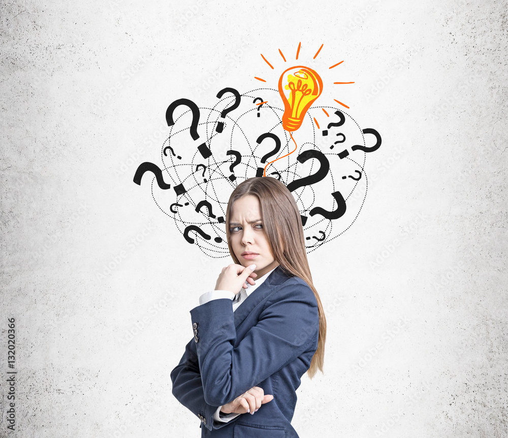 Frowning woman, questions and light bulb Frowning woman, questions and light bulb