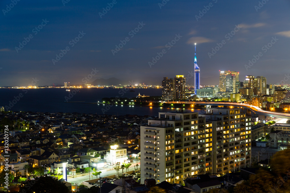 Fukuoka city in Japan at night